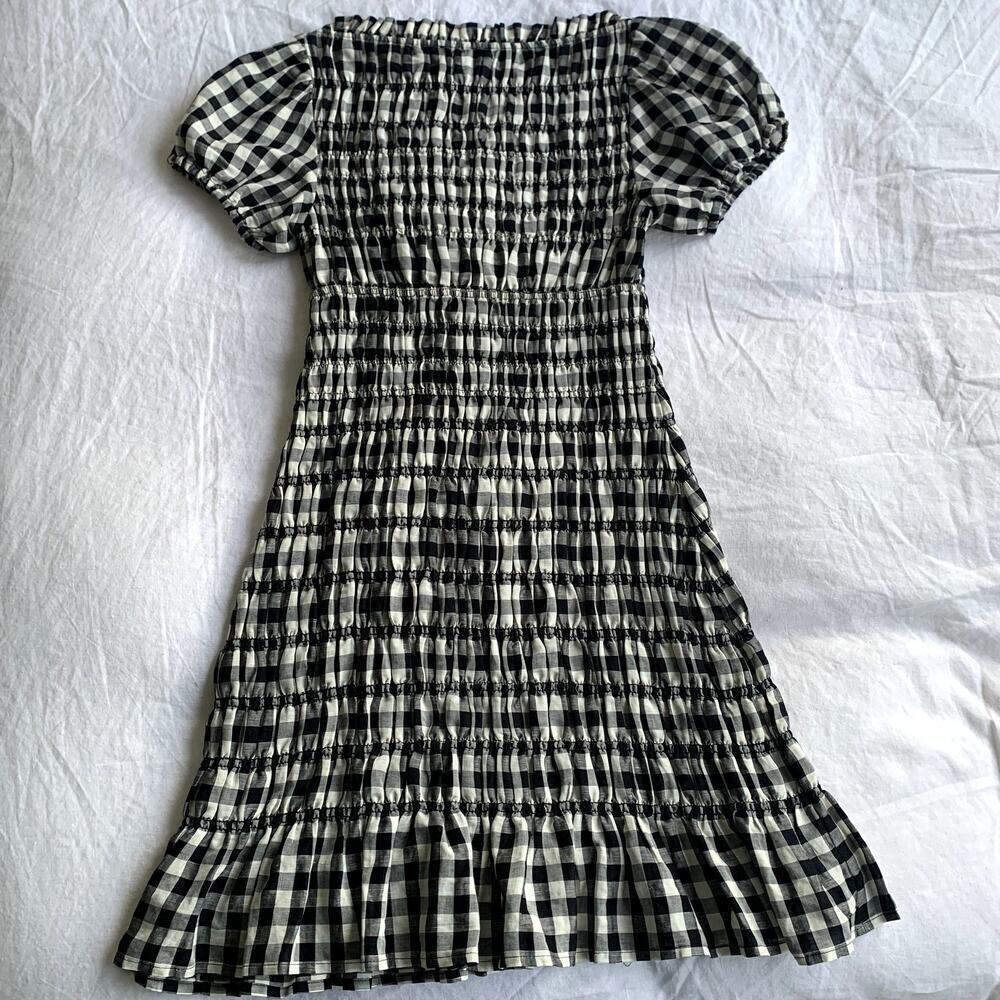 Doen Rizzo Linen Smocked Boat Neck Short Puff Sleeve Mini Dress Marilyn Gingham - Picture 12 of 16